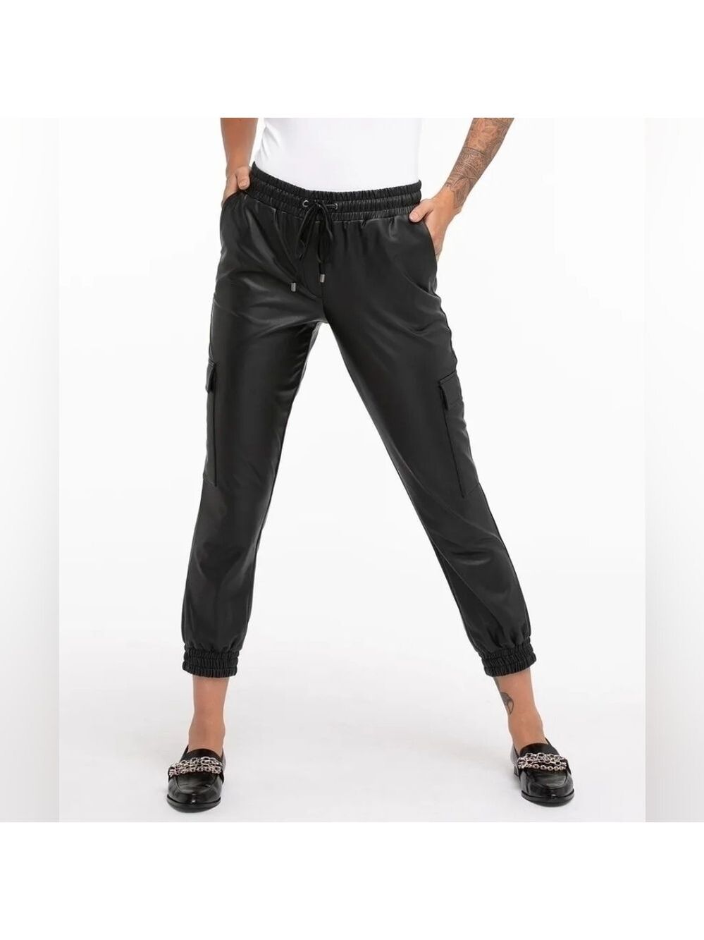 20P - Cleo | Black Vegan Leather Cargo Joggers